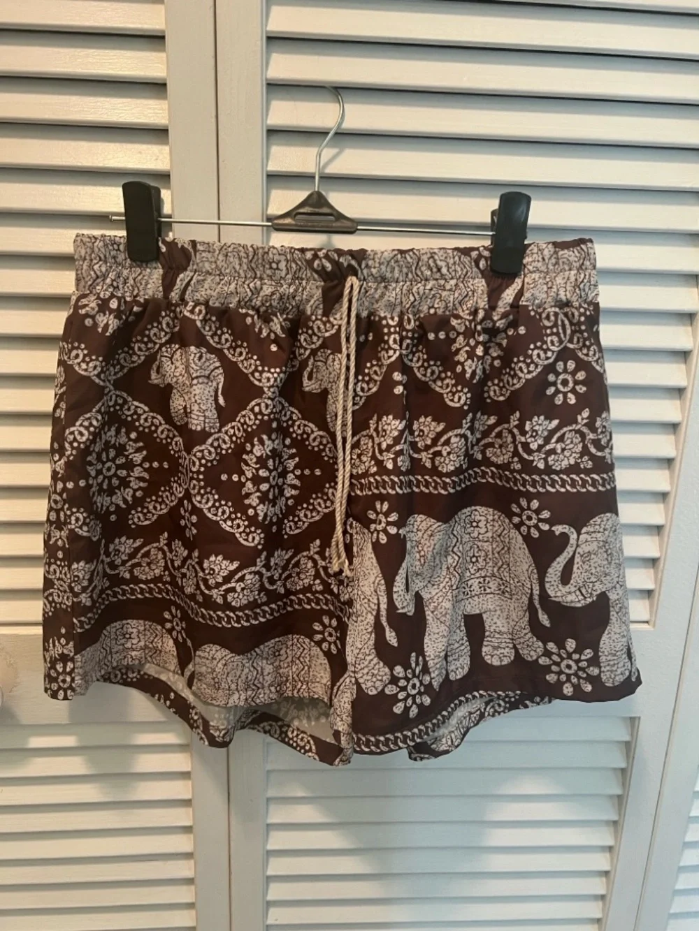 #1808: Brown Elephant Print Drawstring Women’s Shorts - Picture 1 of 9